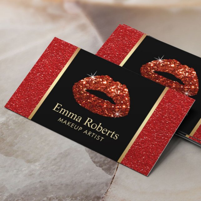 Red Lips Makeup Artist Trendy Red Glitter Salon Business Card (Creator Uploaded)