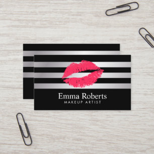 Red Lips Modern Silver Stripes Makeup Artist Business Card