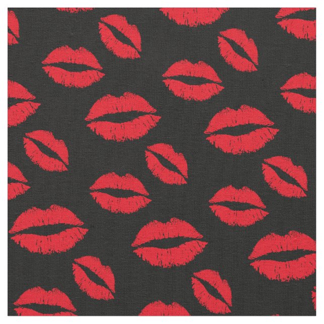 Red Lips Pattern Modern Black Fabric (Close Up)