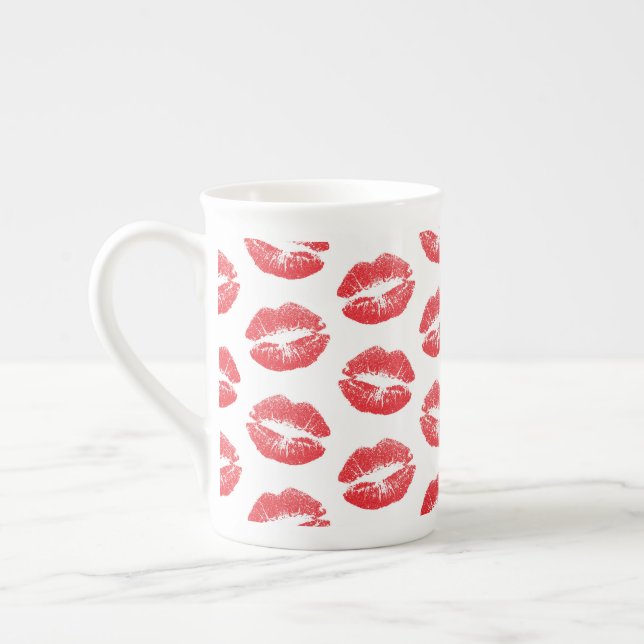 Red Lips, Pattern Of Lips, Red Lipstick, Kiss Bone China Mug (Left)