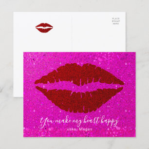Red Lips Pink Glitter Valentine Make Heart Happy Holiday Postcard