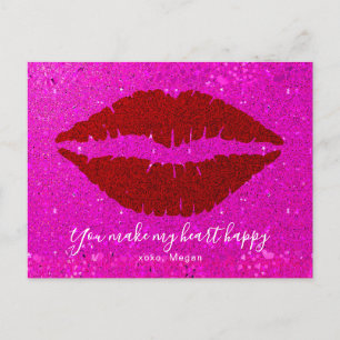 Red Lips Pink Glitter Valentine Make Heart Happy Holiday Postcard