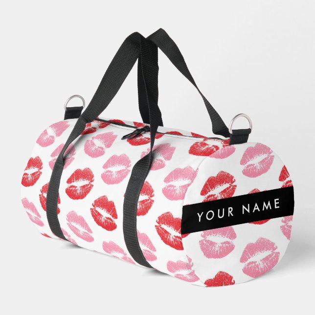 Red Lips, Pink Lips, Kiss, Your Name, Personalise Duffle Bag (Left Corner)