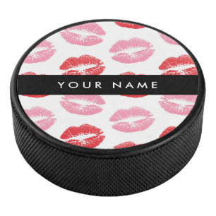 Red Lips, Pink Lips, Kiss, Your Name, Personalise Hockey Puck