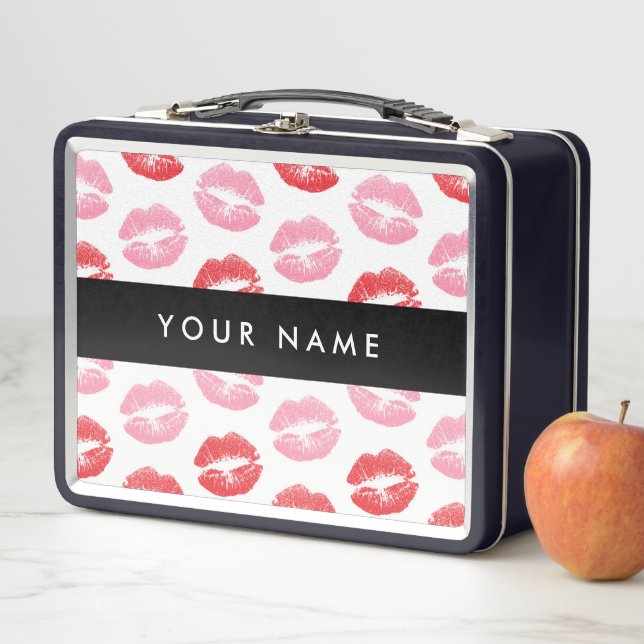 Red Lips, Pink Lips, Kiss, Your Name, Personalise Metal Lunch Box (In Situ)