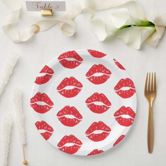 Red Lips, Red Lipstick, Kiss, Pattern Of Lips Paper Plate (Wedding)