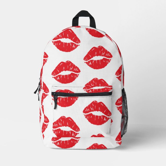 Red Lips, Red Lipstick, Kiss, Pattern Of Lips Printed Backpack (Front)