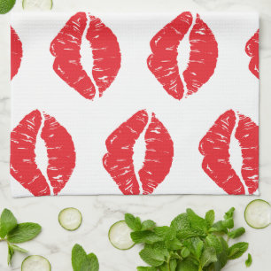Red Lips, Red Lipstick, Kiss, Pattern Of Lips Tea Towel