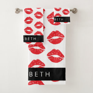 Red Lips, Red Lipstick, Pattern Of Lips, Your Name Bath Towel Set