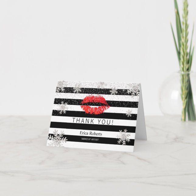 Red Lips Snowflakes Modern Stripes Thank You Card (Front)