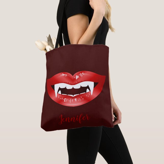 Red Lips Vampire Mouth Illustrated And Custom Name Tote Bag (Close Up)