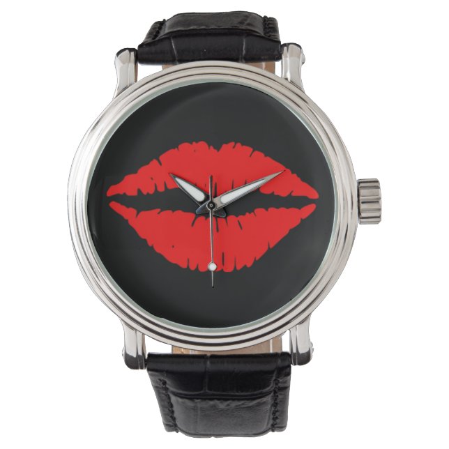 Red Lips Watch Vintage Leather Strap Black (Front)