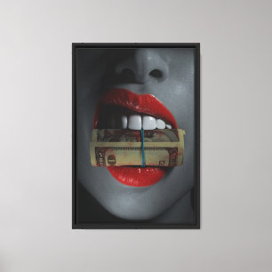 Red Lips with Cash Framed Canvas Wall Art