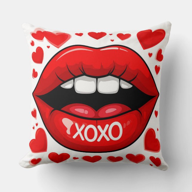 Red Lips with XOXO Text Surrounded by Red Hearts Cushion (Front)