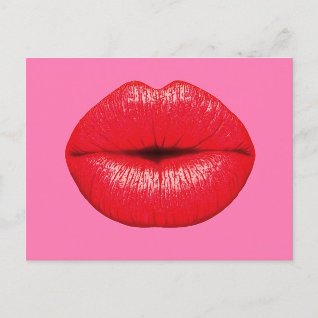 Red Lipstick big pop art lips on girly pink Postcard (Front)