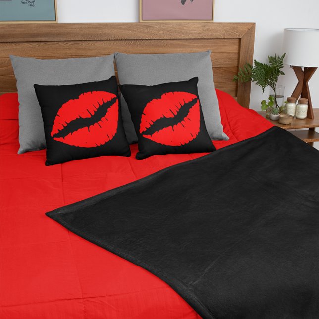 Red Lipstick Kiss on Black Cushion (Red Lipstick Kiss on Black Throw Pillow)