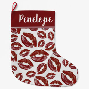 Red Lipstick Kiss Pattern Large Christmas Stocking
