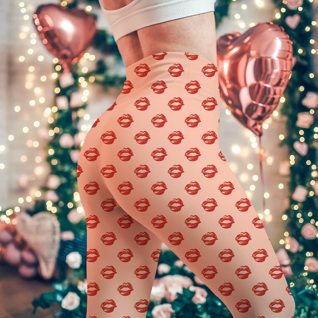 Red Lipstick Kiss Print Peach Leggings (Creator Uploaded)