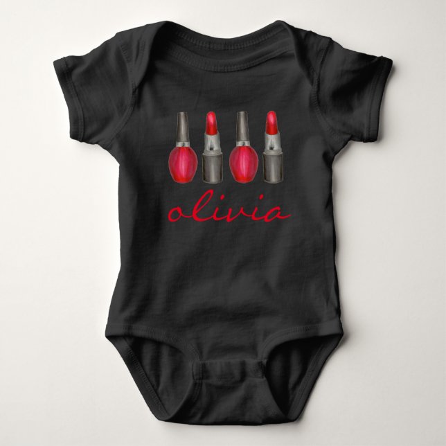 Red Lipstick Nail Polish Fashionista Personalised Baby Bodysuit (Front)