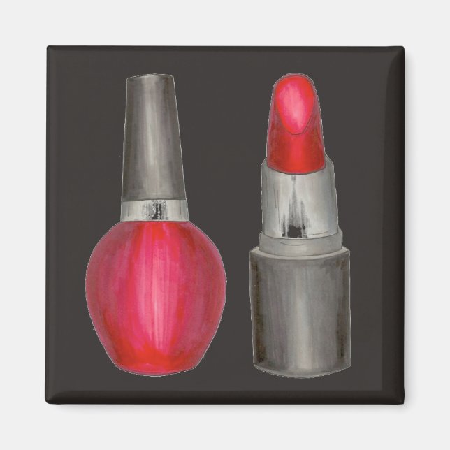 Red Lipstick Nail Polish Makeup Valentine's Magnet (Front)