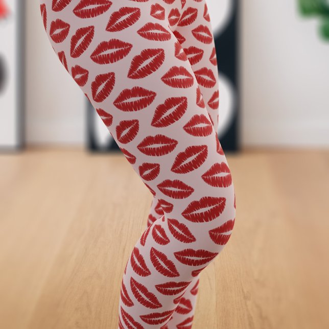 Red Lipstick Print Kiss Pattern on Pink Leggings (A fun pair of red lipstick leggings just for you)