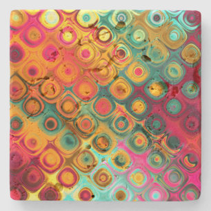 Red Liquid Rainbow Dots Abstract Pattern Stone Coaster