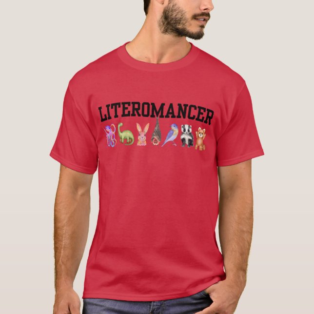 Red Literomancer t-shirt with House totems (Front)