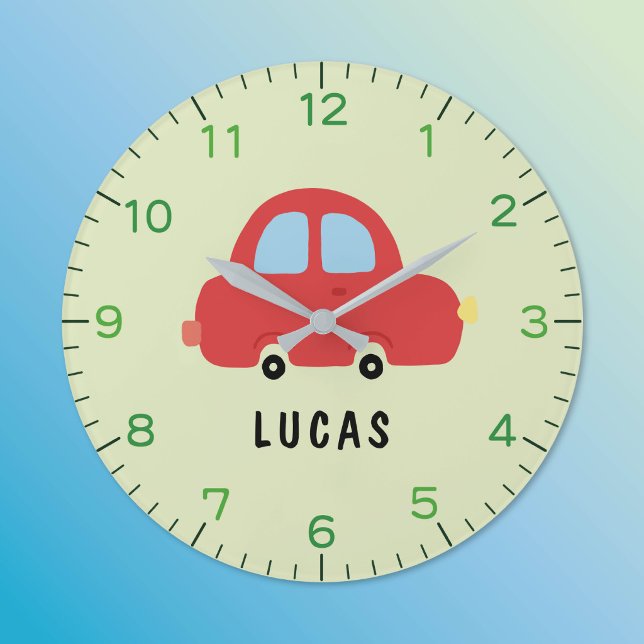 Red Little Car Personalised Kids Wall Clock (Beep beep! Time for fun! ⏰ Custom nursery clocks made just for them.)