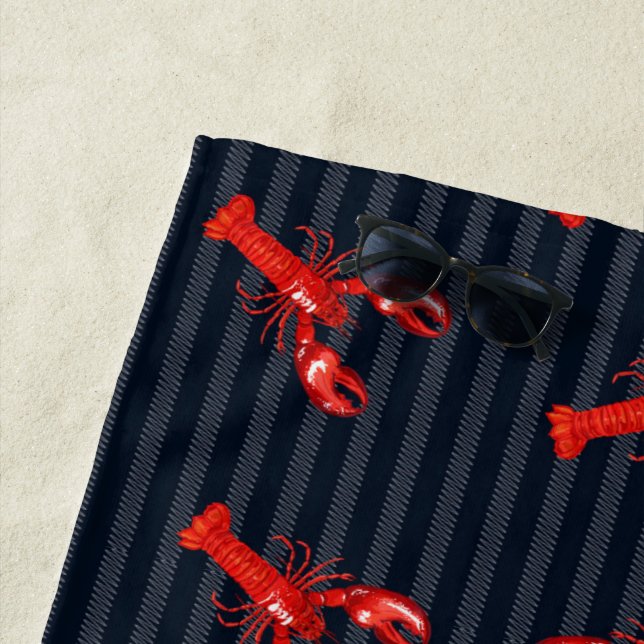 Red Lobster Abstract Stripes Navy Personalised Beach Towel (In Situ)
