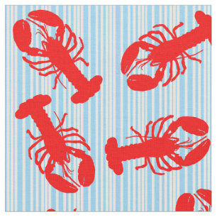 Red Lobster Animal Pattern on Blue Stripes Fabric