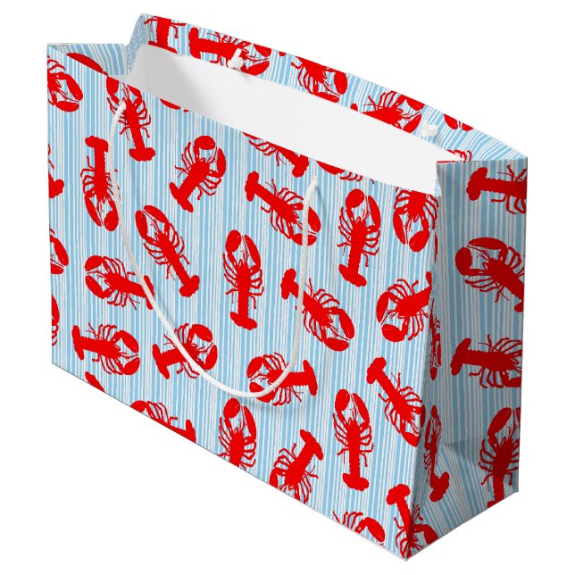 Red Lobster Animal Pattern on Blue Stripes Large Gift Bag (Back Angled)