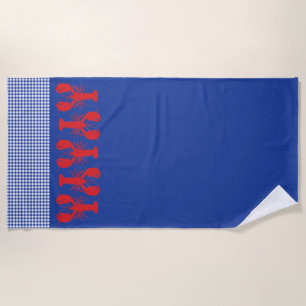 Red Lobster Blue White Gingham Coastal Beach Fun Towel