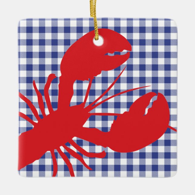 Red Lobster Blue White Gingham LOCATION Year Ceramic Ornament (Front)