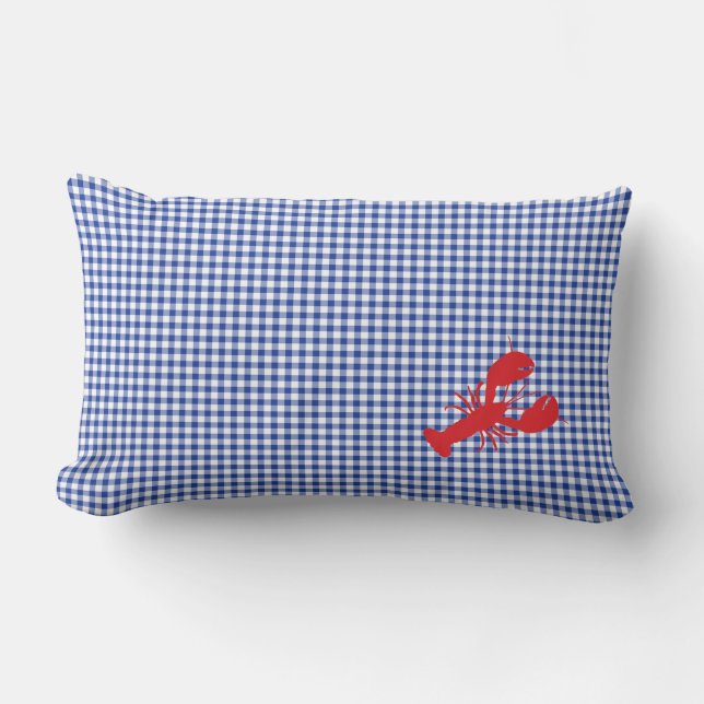 Red Lobster Blue White Preppy Gingham Home Decor Lumbar Cushion (Front)