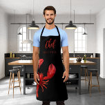 Red lobster crawfish boil party name chef cook apron<br><div class="desc">Nautical,  summer and sea food theme.  A red lobster on a black background. The text: Chef wiht a modern red hand lettered style script. Personalise and add your name.</div>