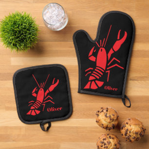 Red lobster logo personalised kitchen oven mitt & pot holder set