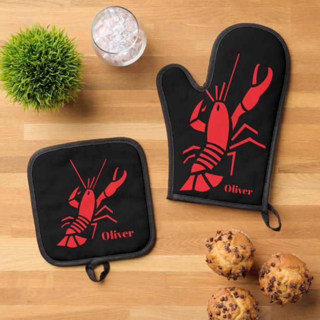 Red lobster logo personalised kitchen oven mitt & pot holder set (Top Down)