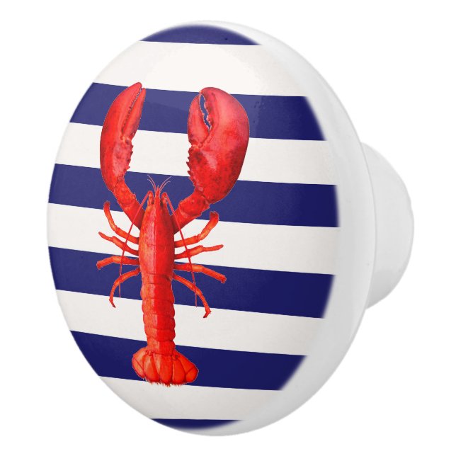 Red lobster navy blue white stripes ceramic knob (Right)