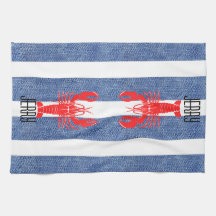 Red Lobster on Blue White Denim Stripes