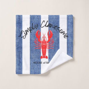 Red Lobster on Blue White Denim Stripes Wash Cloth