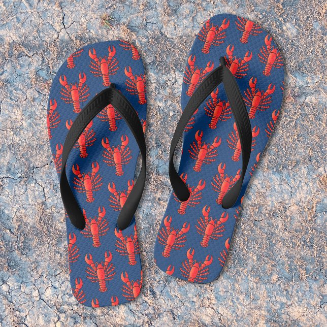 Red Lobster Pattern Dark Blue Fun Seafood Cookout Jandals (Creator Uploaded)