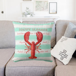 Red lobster turquoise white nautical stripes cushion