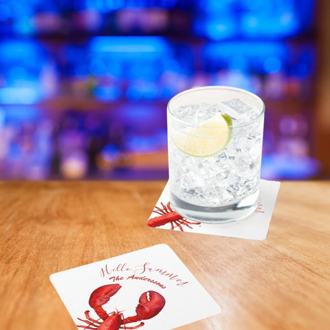 Red lobster white summer name party square paper coaster (Creator Uploaded)