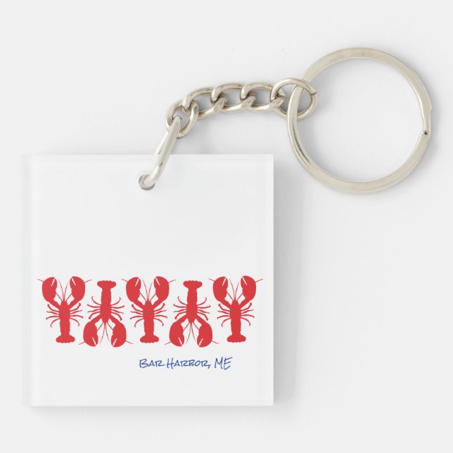 Red Lobsters Blue Custom Text White Preppy Key Ring (Back)