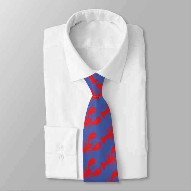 Red Lobsters Blue Preppy Designer Men Tie (Tied)