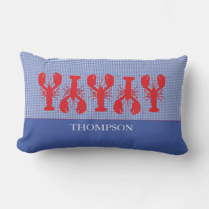 Red Lobsters Blue White Custom Text Preppy Lumbar Cushion