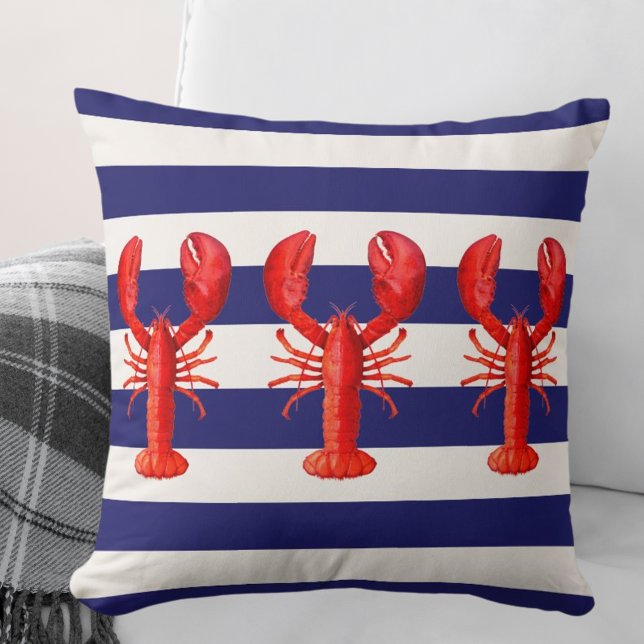 Red lobsters blue white nautical stripes cushion (Creator Uploaded)