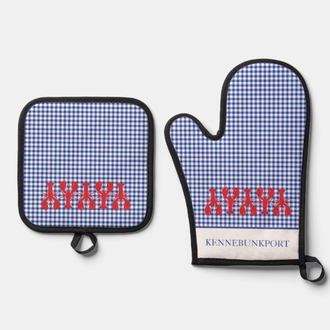 Red Lobsters Coastal Town NAME Check Maine Fun Oven Mitt & Pot Holder Set (Front)