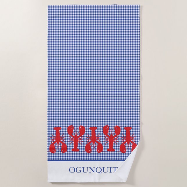 Red Lobsters Gingham Location NAME Blue White Beach Towel (Front)