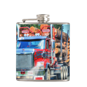 Red Logging Truck Highway Driving Art Truckers Hip Flask